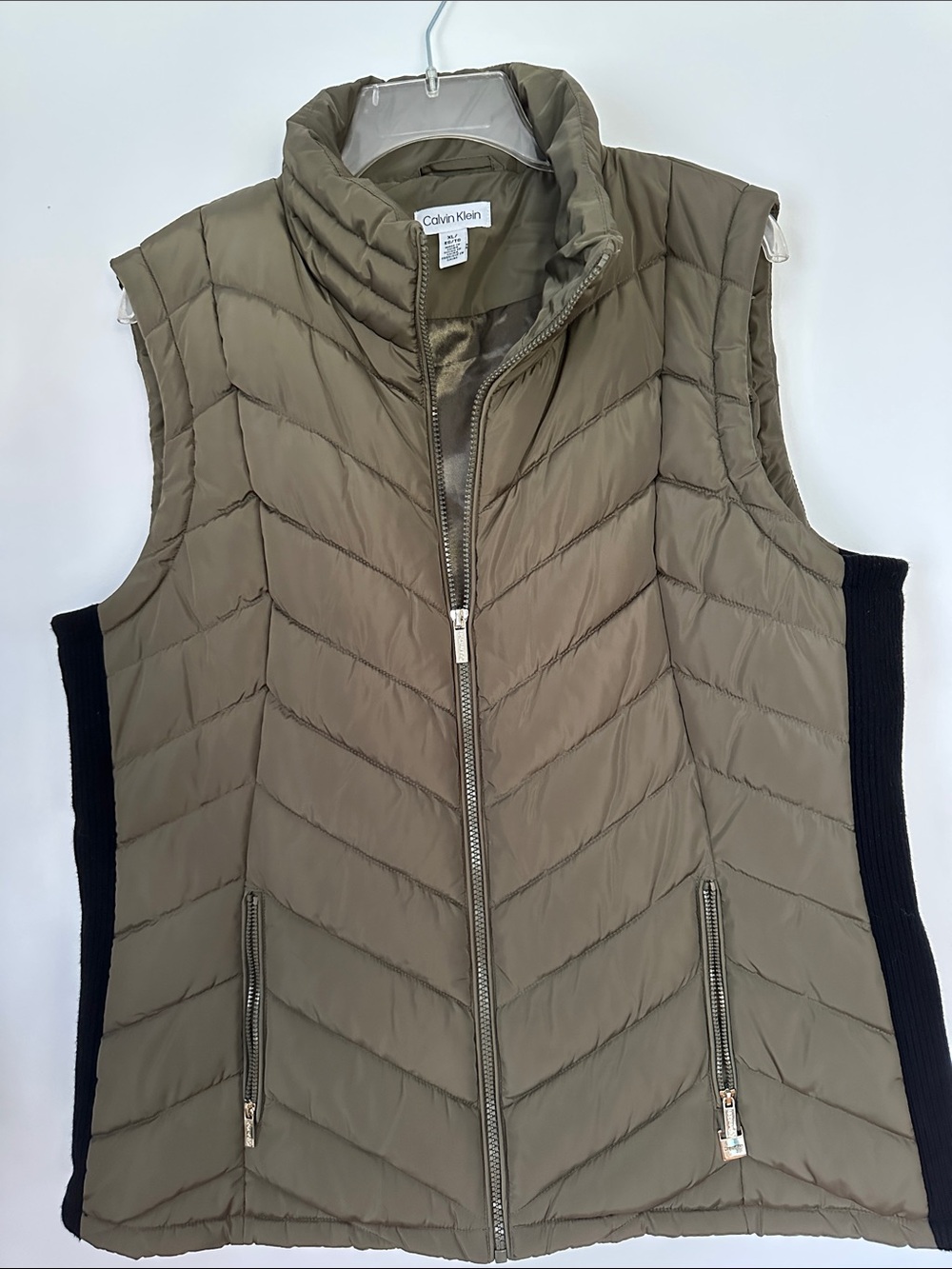 Calvin Klein Olive Quilted Sleeveless Puffer Vest with Black Knit Panels